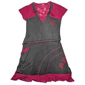 Coline Gray and Magenta Short Sleeve Dress with Lacing at Neck and Back Size XL